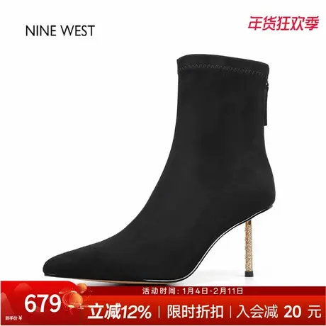 奥莱专供Nine West/玖熙法式复古弹力瘦瘦靴袜靴高跟短靴气质靴子图片