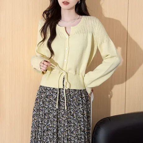 唐狮秋冬温柔风腰部抽绳设计圆领针织开衫女春秋外套高级感tu图片