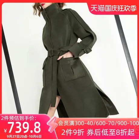 aui军绿色气质呢子大衣女中长款2023秋冬新款欧洲站高领毛呢外套图片
