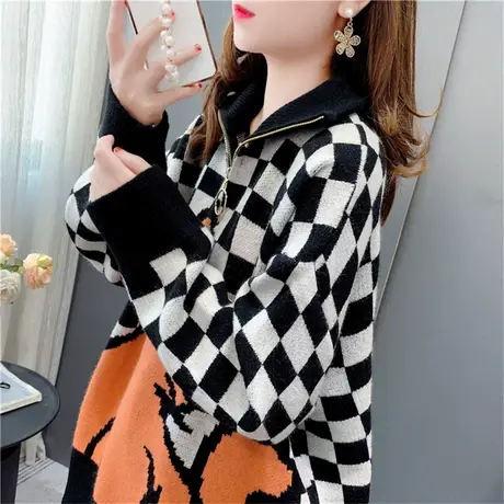 学院风棋盘格毛衣女秋季2022新款宽松设计感半拉链高领针织衫上衣商品大图