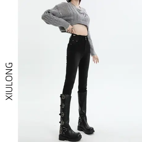 黑色高腰小脚牛仔裤女春秋季2023年新款显瘦修身设计感紧身铅笔裤商品大图