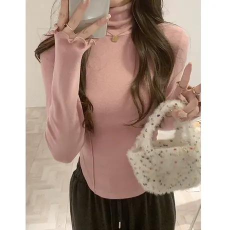 德绒堆堆领打底衫女秋冬内搭加绒加厚长袖T恤韩版修身短款上衣潮商品大图