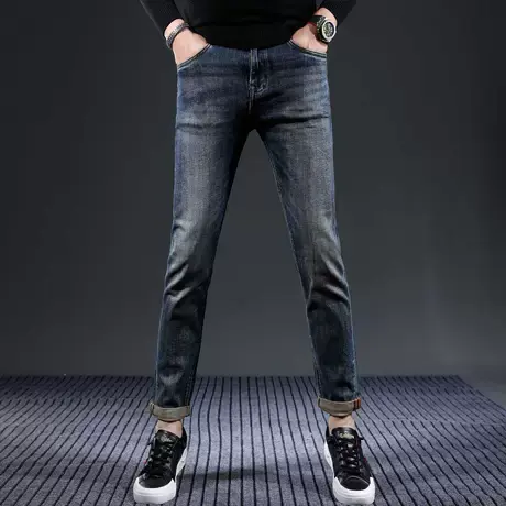 高端复古男士牛仔裤2023秋冬季蓝色修身小脚潮流弹力休闲裤子长裤商品大图