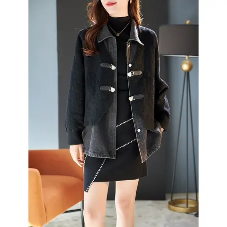 宝诗黎牛仔拼接假两件外套2023秋季新款设计感宽松上衣女时尚开衫商品大图