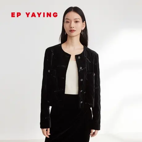 EP YAYING雅莹女装 小香风暖感丝绒刺绣短款棉服 秋冬新款M101A图片