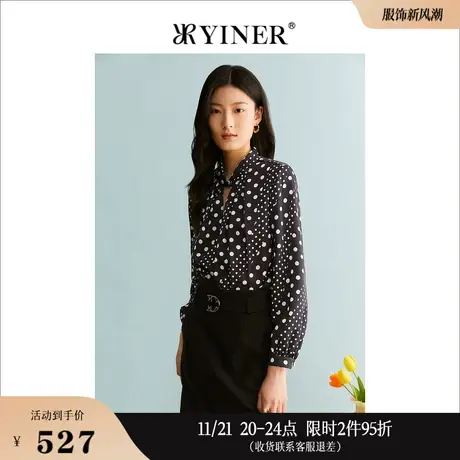 YINER音儿线上专选女装2023秋季法式复古黑白波点公主袖衬衫商品大图