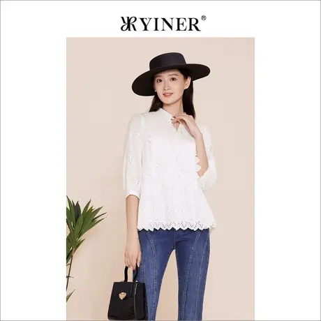 YINER音儿女装2023春新款半开领蕾丝花边衬衫上衣商品大图