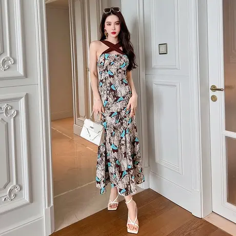 雪纺挂脖露背印花荷叶边长裙子2024新款气质修身遮肉包臀连衣裙女商品大图