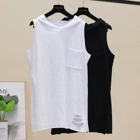 夏季新款韩版女装宽松显瘦文艺纯色连帽竹节棉外穿背心吊带打底衫商品大图