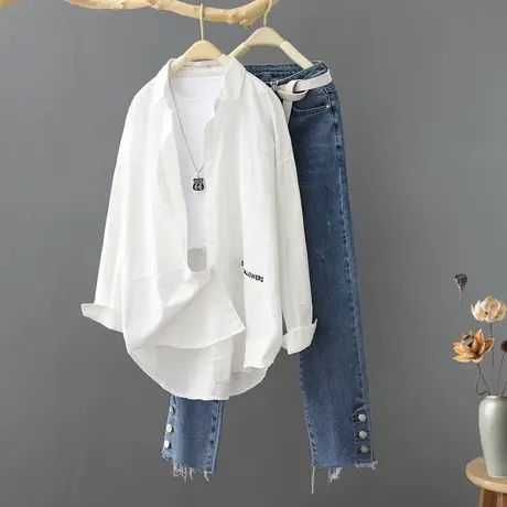 白衬衫女装2023年春季新款宽松韩版百搭刺绣纯棉衬衣长袖上衣外套商品大图