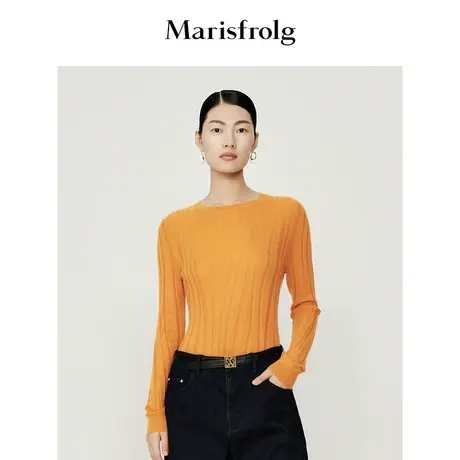 #多巴胺穿搭# 玛丝菲尔春季新款纯羊绒橙色毛针织毛衣圆领内搭图片