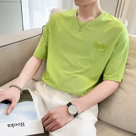 夏季男t恤短袖宽松半袖潮流圆领纯色刺绣字母落肩潮牌五分袖体恤商品大图