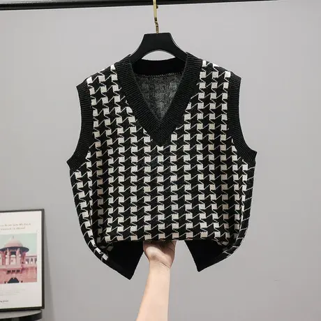 2023春秋春装女学生毛衣马甲背心坎肩V领宽松无袖针织学院风格子商品大图