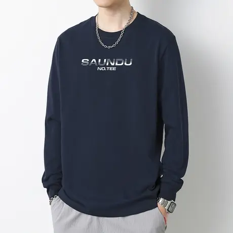 重磅纯棉t恤男长袖秋季小衫全棉内搭打底衫宽松潮流字母印花体恤图片