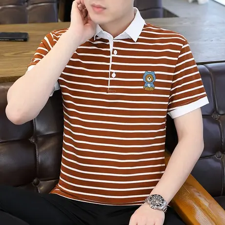 男士翻领短袖t恤夏季男装条纹修身上衣服潮流95棉半袖t血青年汗衫图片