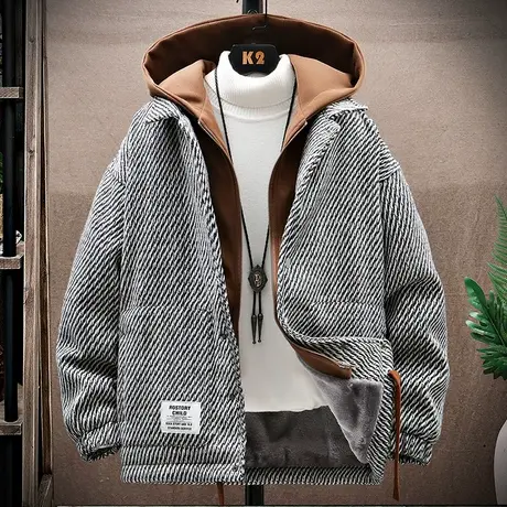 假两件外套男士秋冬季加绒加厚拼接连帽夹克男潮牌保暖毛呢子风衣商品大图