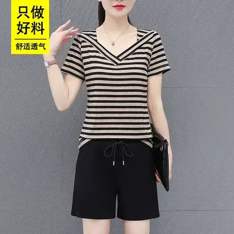 恋上17号纯棉短袖运动服套装女夏季2023新款妈妈宽松显瘦休闲短裤商品大图