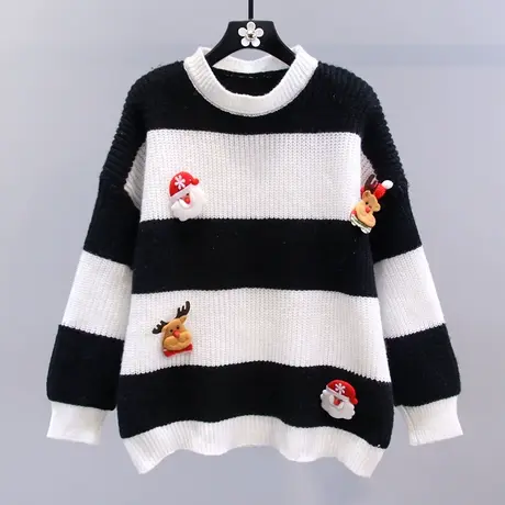 日系撞色条纹圣诞毛衣女冬季2023新款宽松时尚洋气减龄卡通针织衫图片
