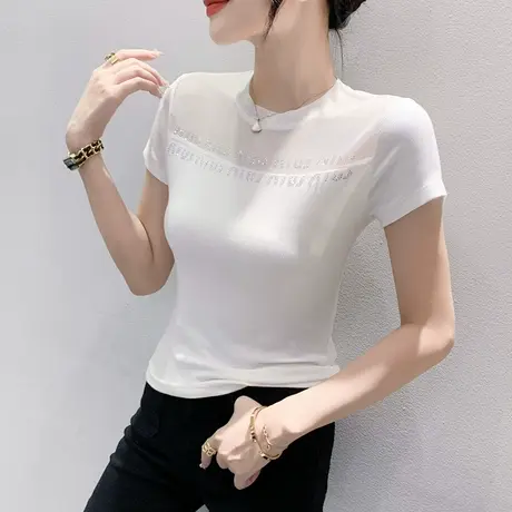 欧货性感短袖上衣女2024夏季网纱拼接T恤纯色百搭修身显瘦小衫ins商品大图