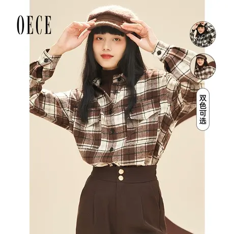 Oece秋冬新款复古帅气长袖衬衫秋冬格子气质上衣衬衣商品大图
