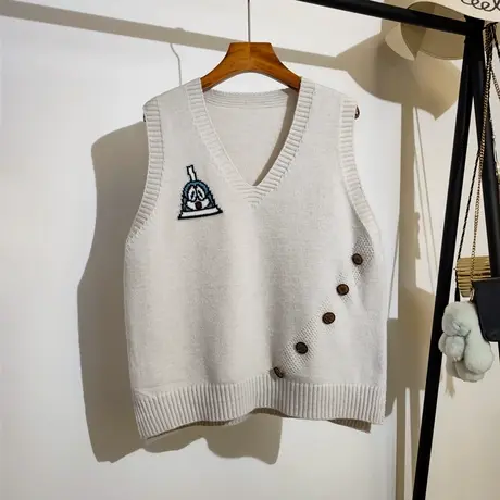 卡通刺绣针织马甲女秋冬新款v领叠穿无袖坎肩毛衣背心外穿学院风商品大图