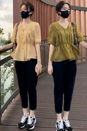 欧货设计感褶皱收腰短袖衬衫女夏小清新V领小衫甜美修身显瘦上衣商品大图