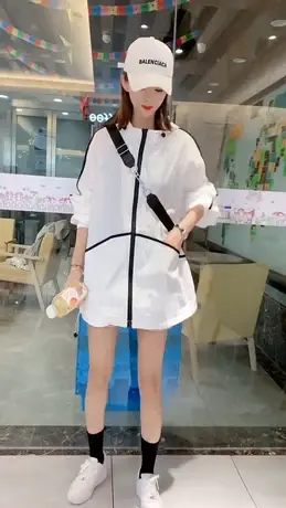 大口袋纯色连帽宽松韩版中长款防晒衣2023夏新款女拼接薄风衣外套商品大图