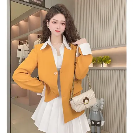 黄色假两件西装外套女早春设计感小众西服炸街拼接休闲显瘦上衣图片