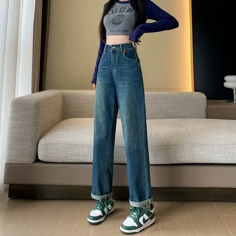 卷边直筒牛仔裤女春秋2023年新款高腰显瘦宽松复古九分窄版阔腿裤商品大图