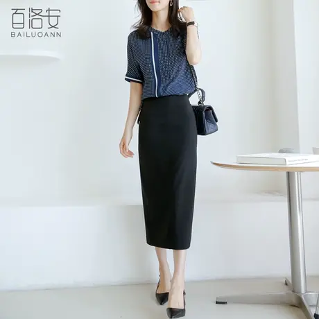 百洛安短袖蓝白印花衬衫女夏装新款知性通勤撞色小衫宽松显瘦衬衣商品大图