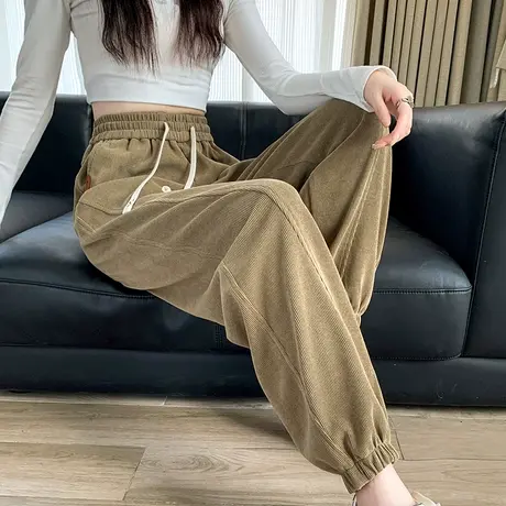 灯芯绒运动裤女秋冬款2023年新款小个子休闲高腰宽松束脚灯笼卫裤商品大图
