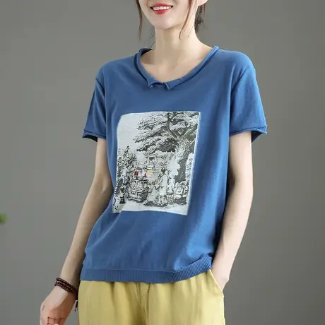 dza 文艺复古短袖t恤女士宽松短款上衣新款夏季休闲大码体恤百搭商品大图