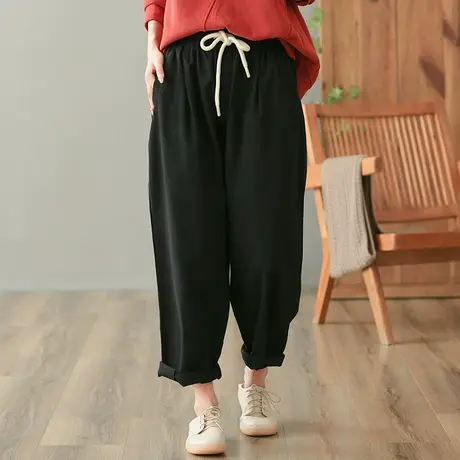 dza 高腰显瘦宽松阔腿裤子女士秋季纯棉长裤休闲直筒裤百搭哈伦裤图片