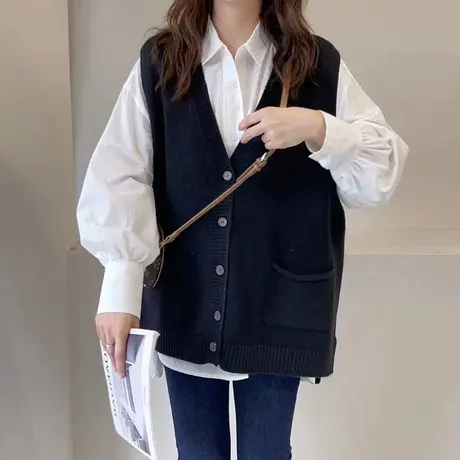 2024早春新款文艺范宽松针织马夹开衫女中长款无袖坎肩马甲背心潮图片
