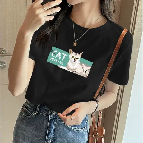 黑色纯棉短袖美式t恤女2023年夏季新款洋气减龄上衣宽松打底汗衫图片