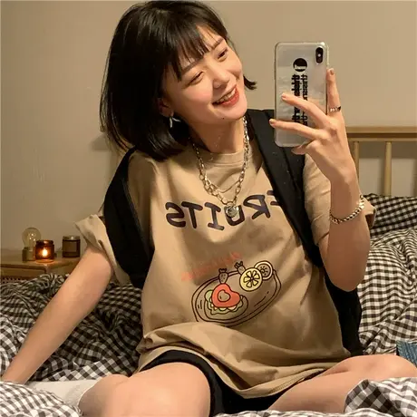 原创~2023新款韩版港风百搭休闲学院风纯棉短袖T恤女上衣oversize商品大图