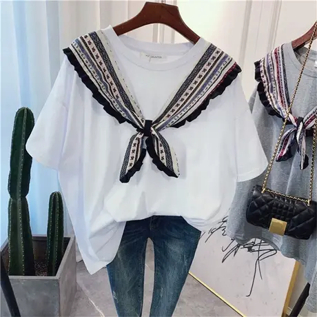 网红ins超火短袖t恤女夏装2020新款名族丝带宽松白色打底衫上衣服商品大图