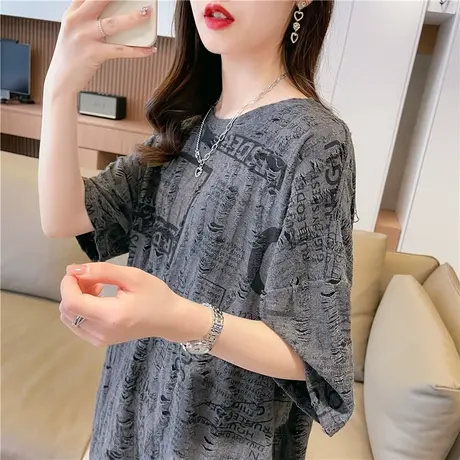 小众设计感短袖t恤女夏装韩版宽松大码中长款港味chic破洞上衣服图片