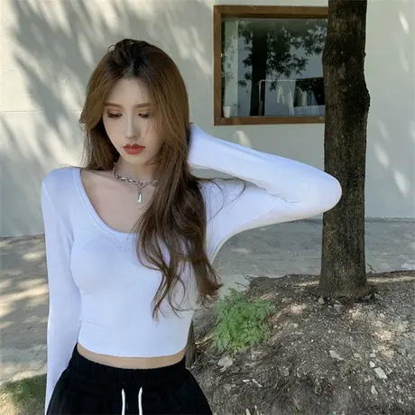 U领纯色弹力打底衫紧身内搭上衣女秋高腰短款性感辣妹长袖露脐T恤商品大图