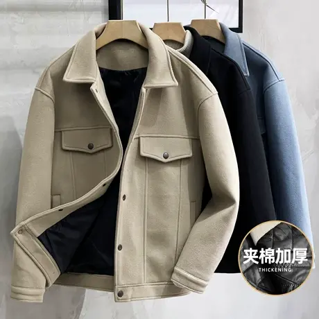 秋冬季2023新款毛呢翻领夹克男韩版宽松短款夹棉加厚呢子外套男装图片