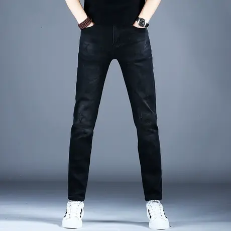 新款男士牛仔裤男款黑色精致暗花小脚修身2023秋冬款裤子潮流男裤商品大图