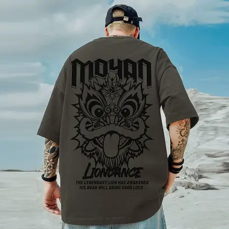 国潮醒狮胖子印花中国风休闲街头宽松大码男女同款短袖T恤情侣装图片