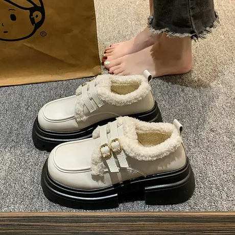 英伦风小皮鞋女加绒保暖厚底女鞋2023新款秋冬季玛丽珍棉鞋乐福鞋商品大图