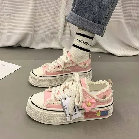 厚底帆布鞋女ins潮2024春夏季松糕百搭增高小众设计感小白鞋板鞋商品大图