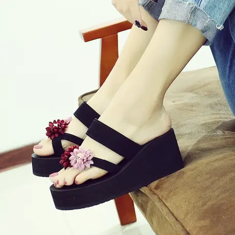 Bzbz女夏松糕拖鞋时尚外穿套趾凉拖鞋坡跟厚底人字拖防滑沙滩拖鞋商品大图