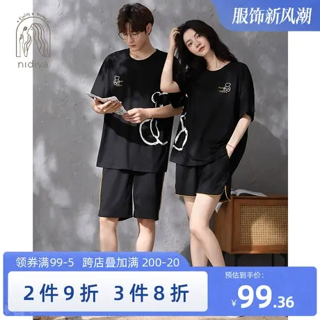 妮狄娅情侣睡衣女夏季清凉纯棉短袖套头卡通男休闲运动家居服套装商品大图