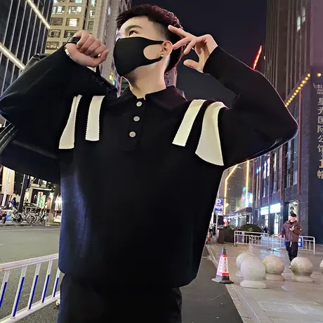 高级感撞色条纹POLO领针织毛衣男秋冬个性韩版休闲轻熟打底毛线衣图片