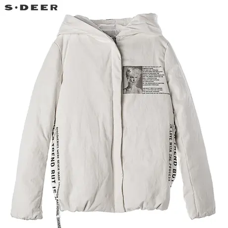 sdeer 圣迪奥唯美素白浪漫人物印胶飘带装饰短款羽绒服 S17482410图片