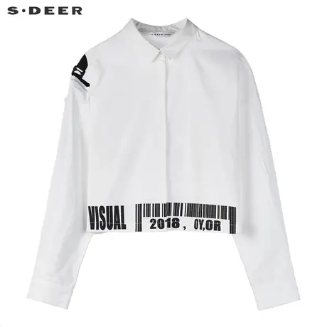 sdeer圣迪奥女装休闲时尚翻领字母元素飘带露肩短款衬衫S19180541图片