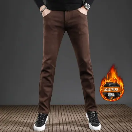 加绒牛仔裤男款2023新款秋冬季潮流修身小脚咖啡色弹力加厚裤子男商品大图